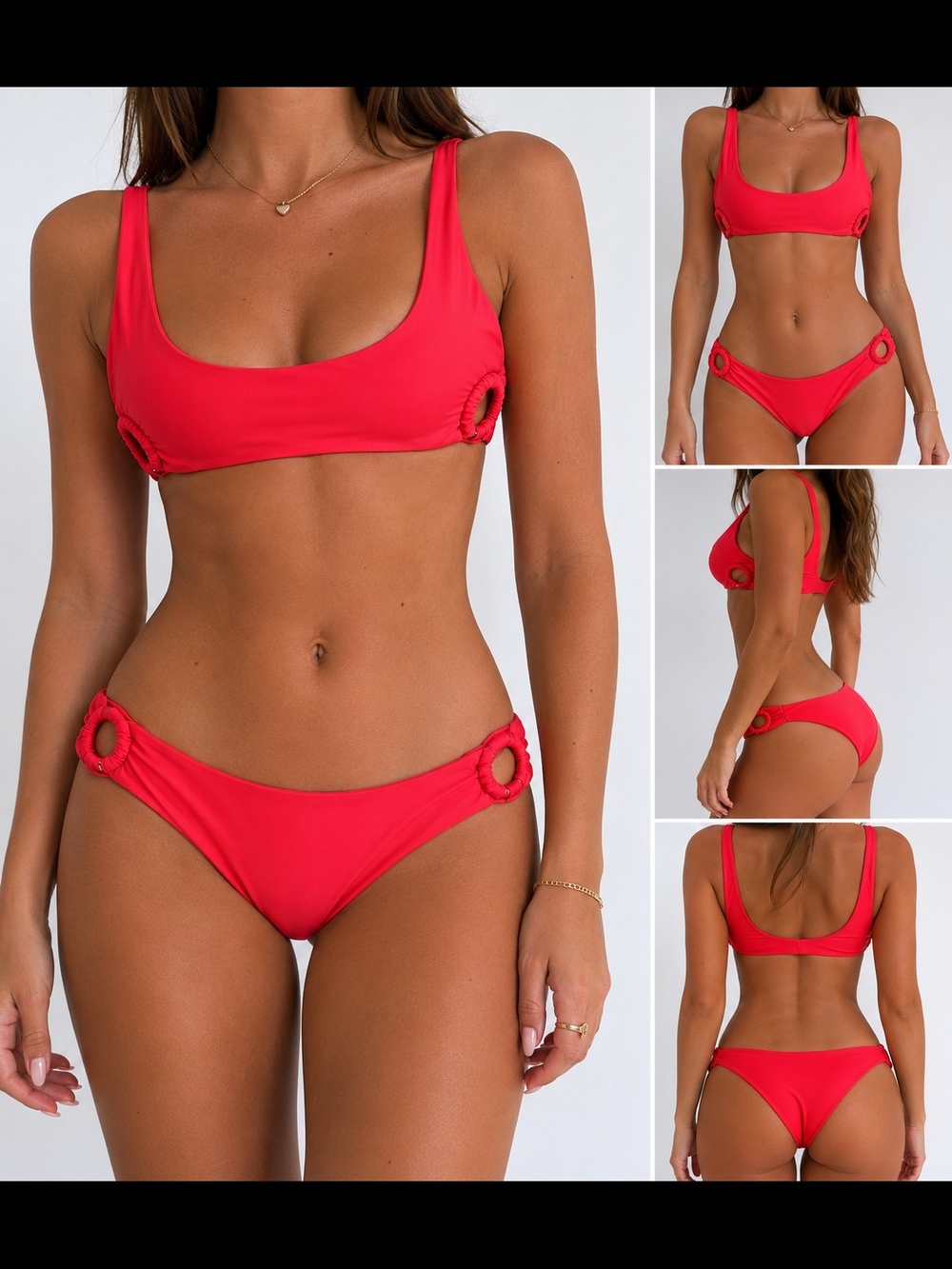 Banana Moon Coral Red Bikini Set Women's XS Ring Detail Scoop Neck Swimwear